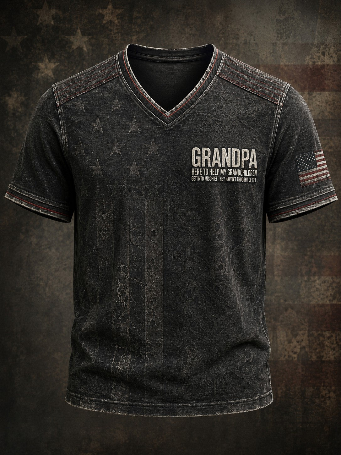 Men's Grandpa Here to Help My Grandchildren Get Into Mischief Printed V-neck T-shirt