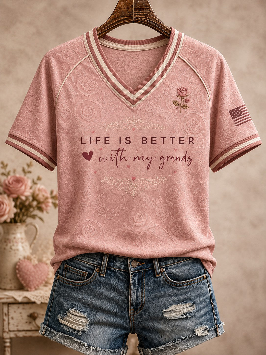 Women's Life Is Better With My Grands Printed V-neck T-shirt