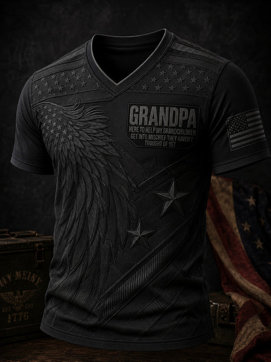 Men's Grandpa Here to Help My Grandchildren Get Into Mischief Printed V-neck T-shirt