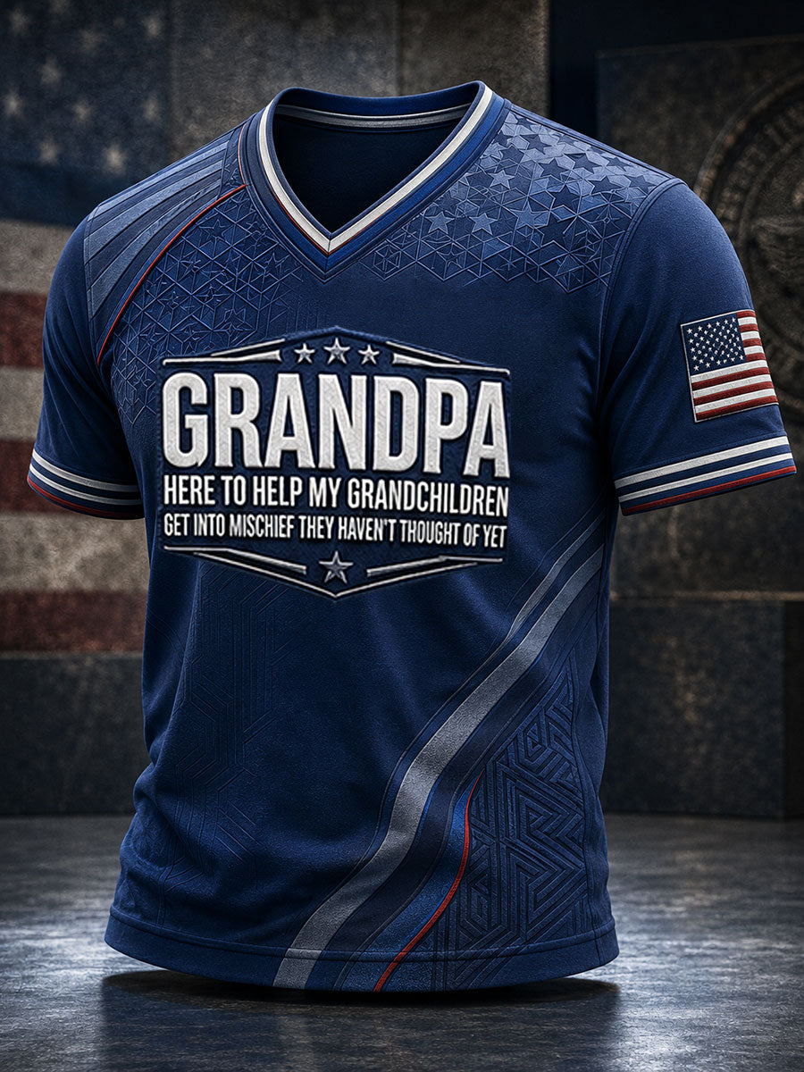 Men's Grandpa Here to Help My Grandchildren Get Into Mischief Printed V-neck T-shirt