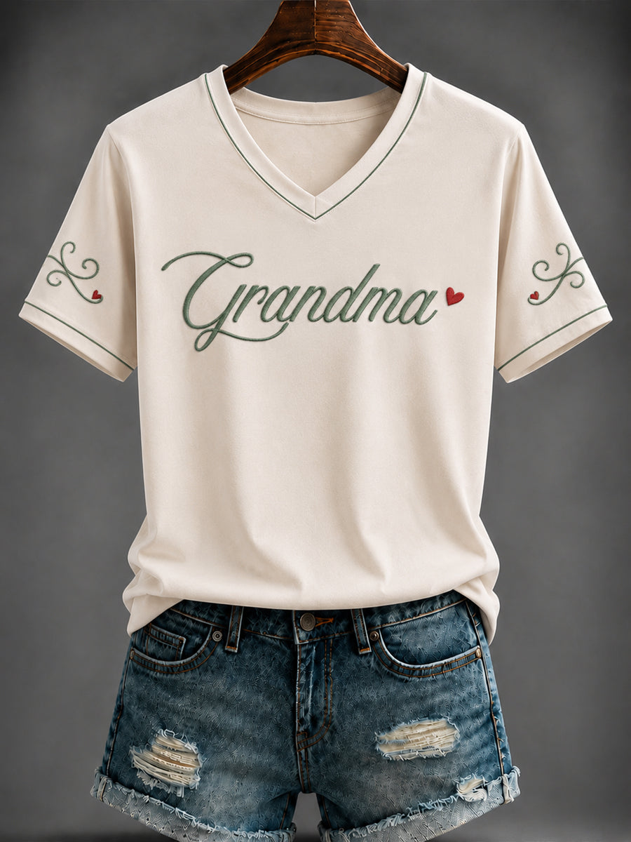 Women's Grandparents' Day Printed V-neck T-shirt