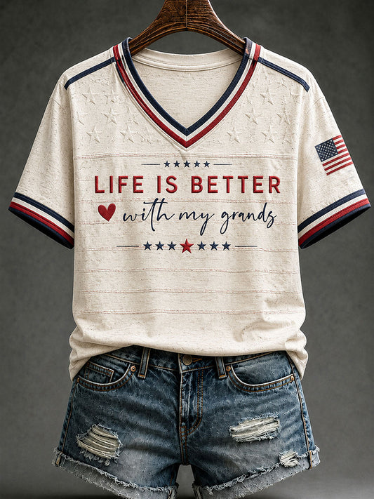 Women's Life Is Better With My Grands Printed V-neck T-shirt