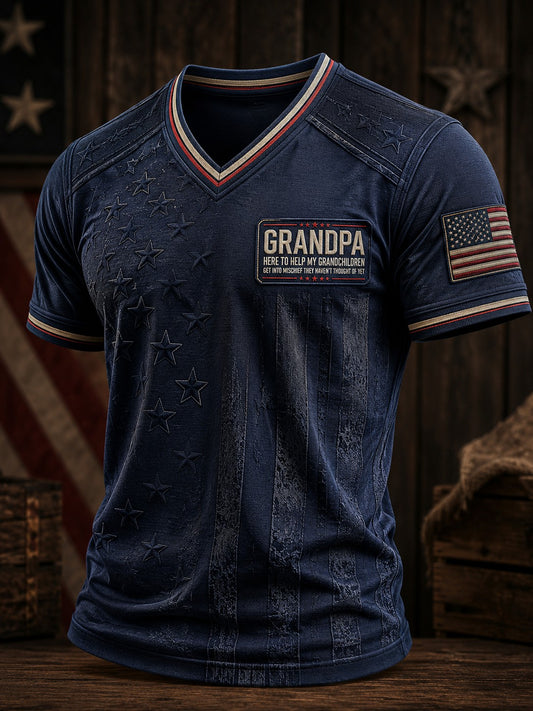 Men's Grandpa Here to Help My Grandchildren Get Into Mischief Printed V-neck T-shirt