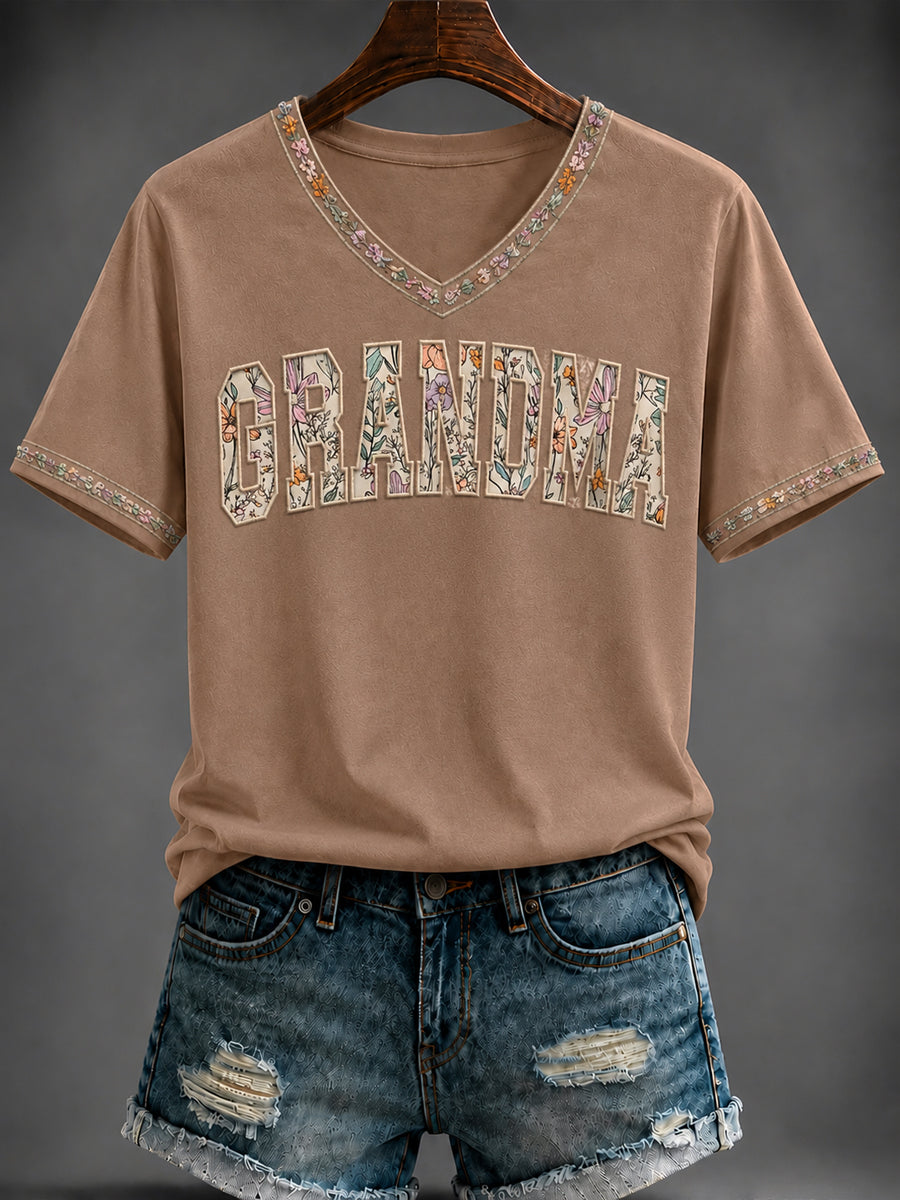 Women's Grandparents' Day Printed V-neck T-shirt