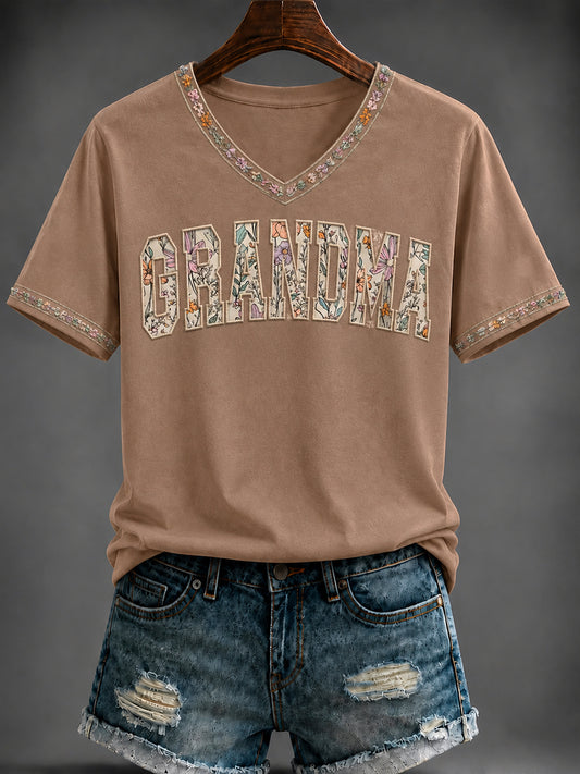 Women's Grandparents' Day Printed V-neck T-shirt