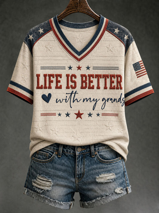 Women's Life Is Better With My Grands Printed V-neck T-shirt