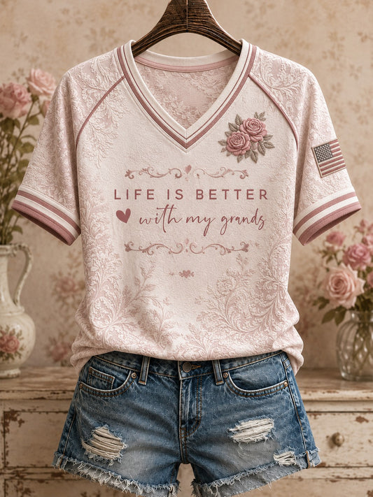 Women's Life Is Better With My Grands Printed V-neck T-shirt