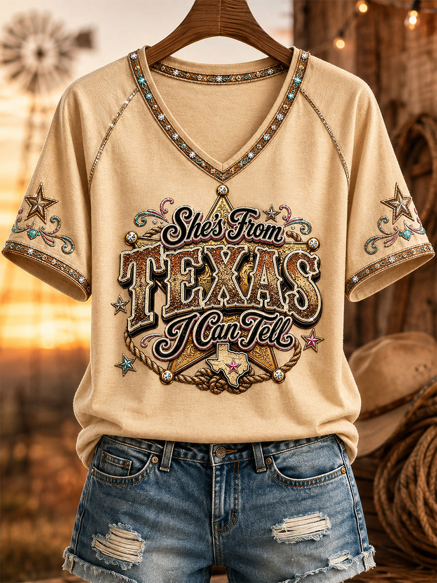 Women's She's From Texas I Can Tell Print Casual V-Neck Tee