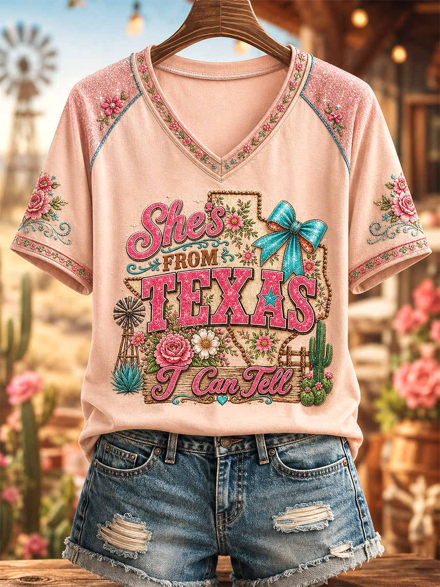 Women's She's From Texas I Can Tell Print Casual V-Neck Tee