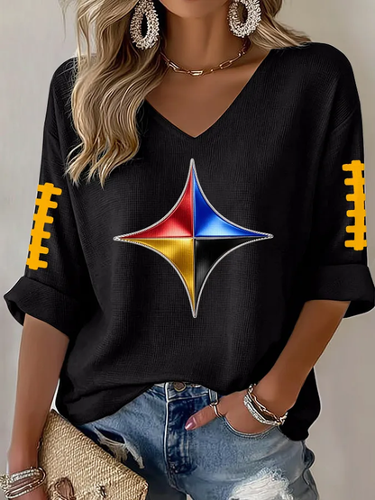 Women's Pittsburgh Football Mid-length Sleeves V-Neck T-Shirt