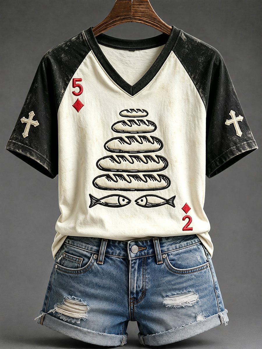 Women's Five Loaves and Two Fish Faith Print V-neck Short-sleeved T-shirt
