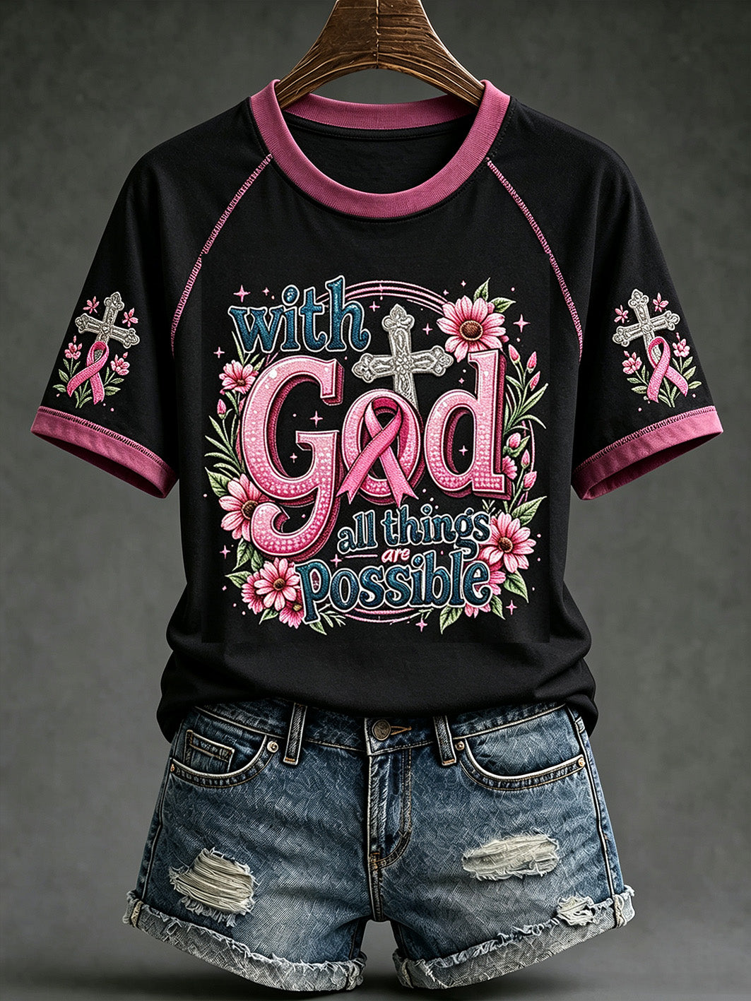 Women's breast cancer theme pattern printed casual round neck short sleeve T-shirt
