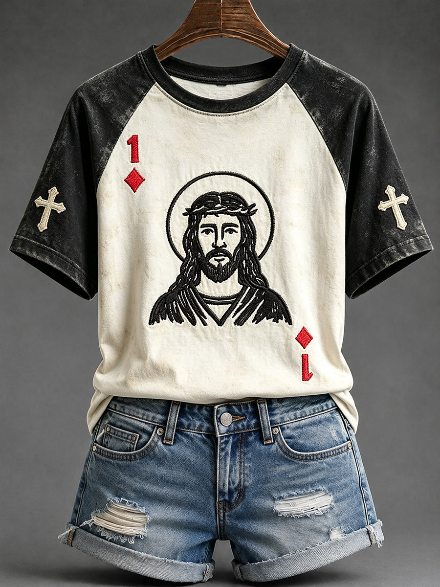Women's Jesus Playing Card Art Corss Print Round Neck Short Sleeve T-shirt