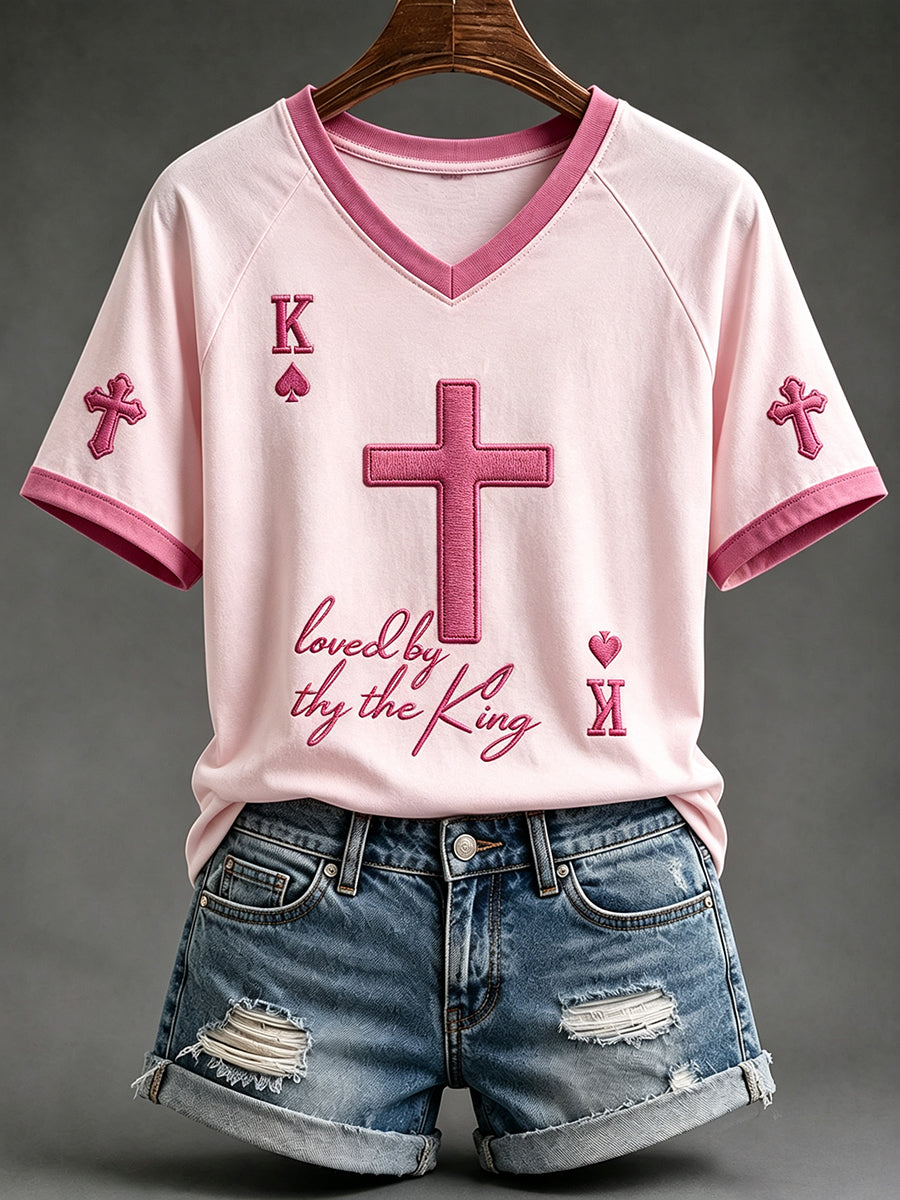 Women's Loved By The King Faith Cross Print V-neck Short-sleeved T-shirt