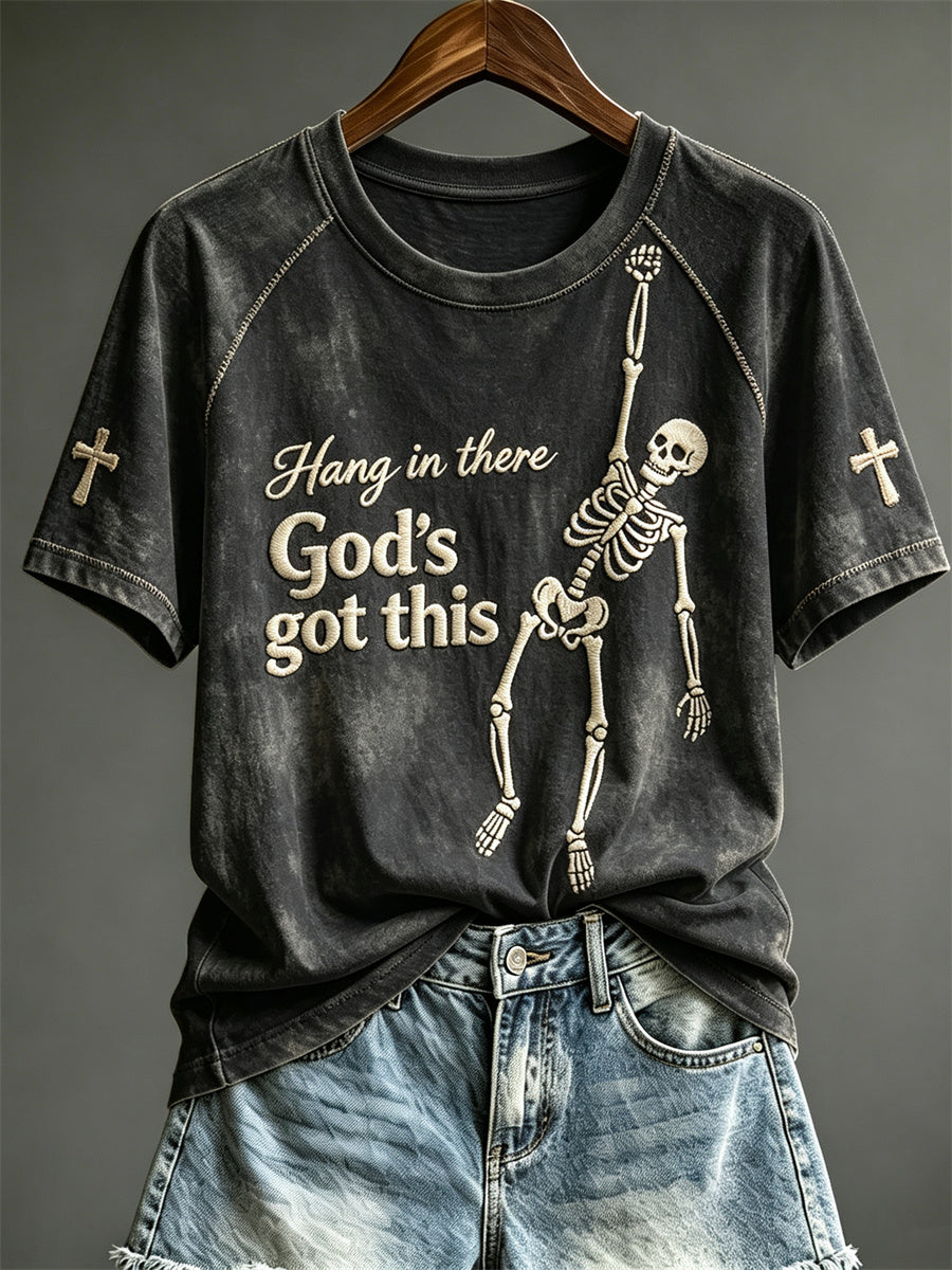 Women's Hang in There God's Got This Funny Hanging Skeleton Print short sleeve T-shirt