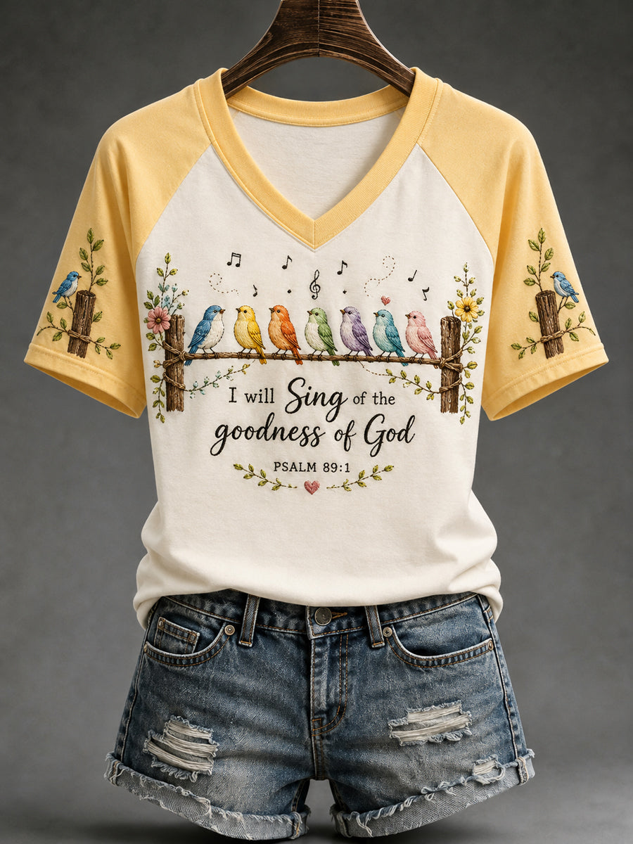 Women's I Will Sing Of The Goodness Of God Birds Print Casual V-Neck Tee