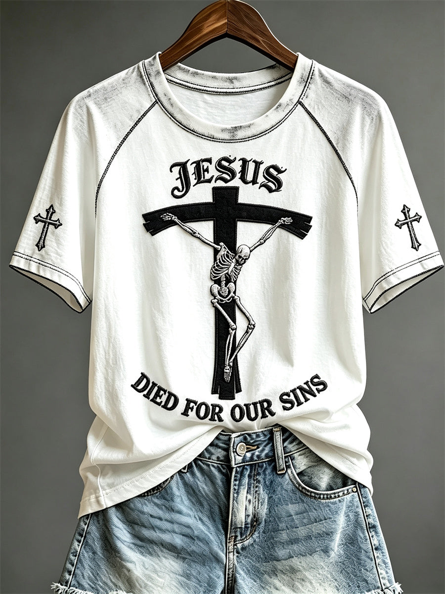 Women's Jesus Died For Our Sins Hanging Skeleton Cross Print short sleeve T-shirt