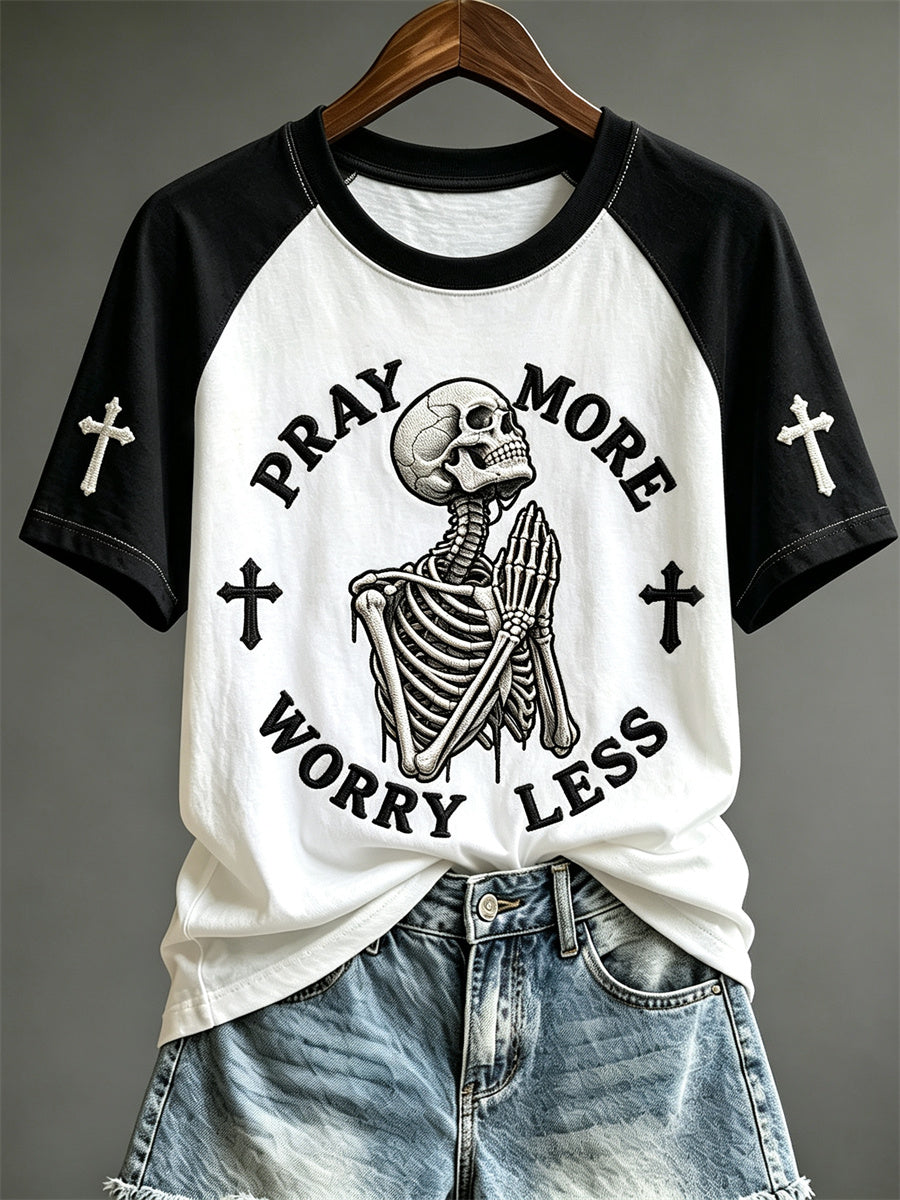 Women's Pray More Worry Less Praying Skeleton Print short sleeve T-shirt