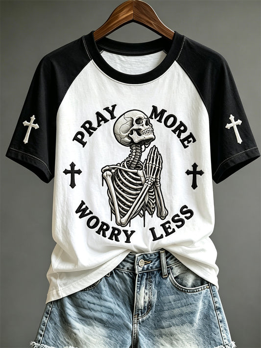 Women's Pray More Worry Less Praying Skeleton Print short sleeve T-shirt
