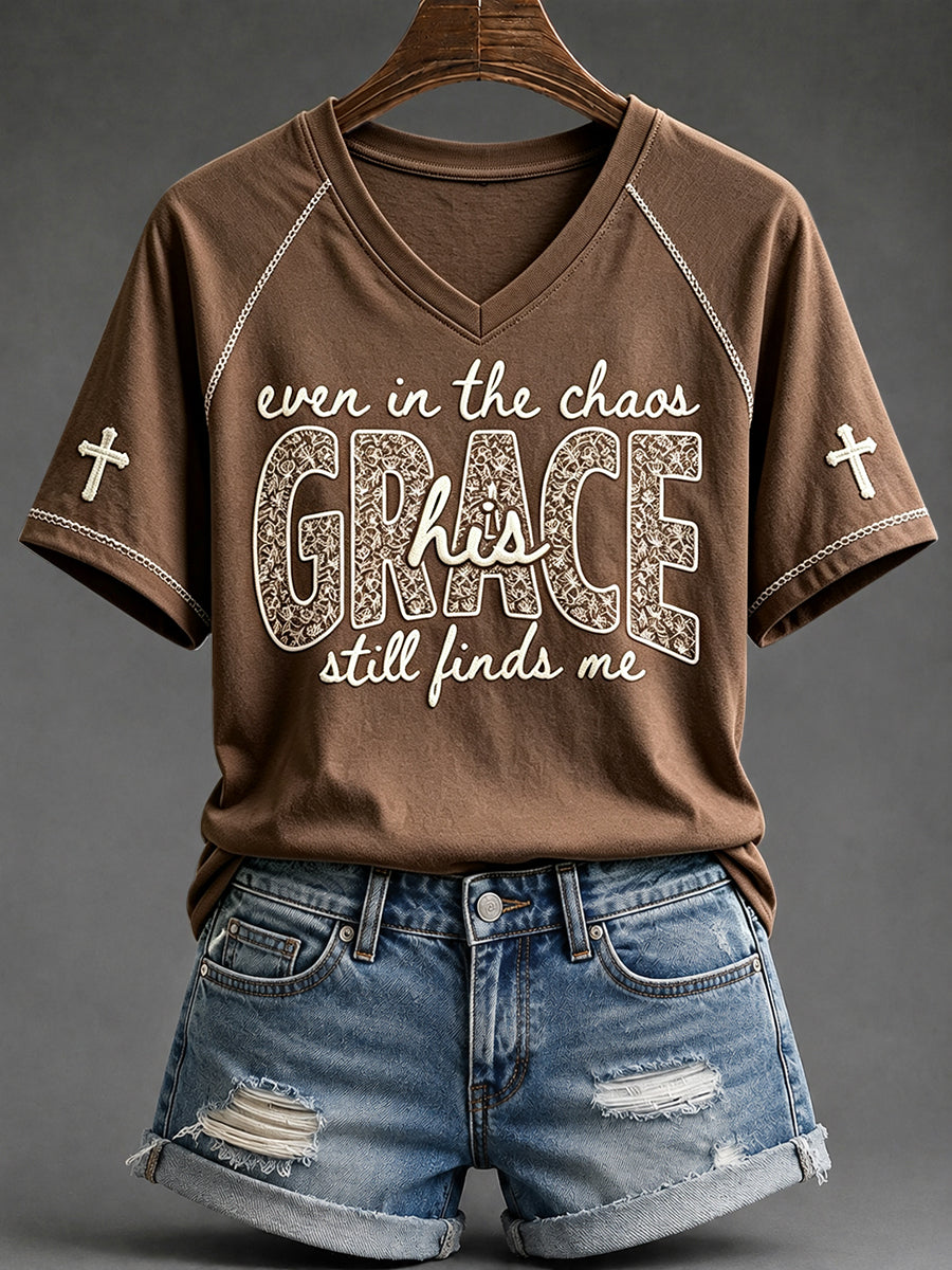 Women's His Grace Still Finds Me Christian Faith Floral Print V-neck Short-sleeved T-shirt