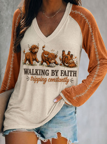Women's Walking By Faith Tripping Constantly Double Layer Neck Long Sleeve T-Shirt