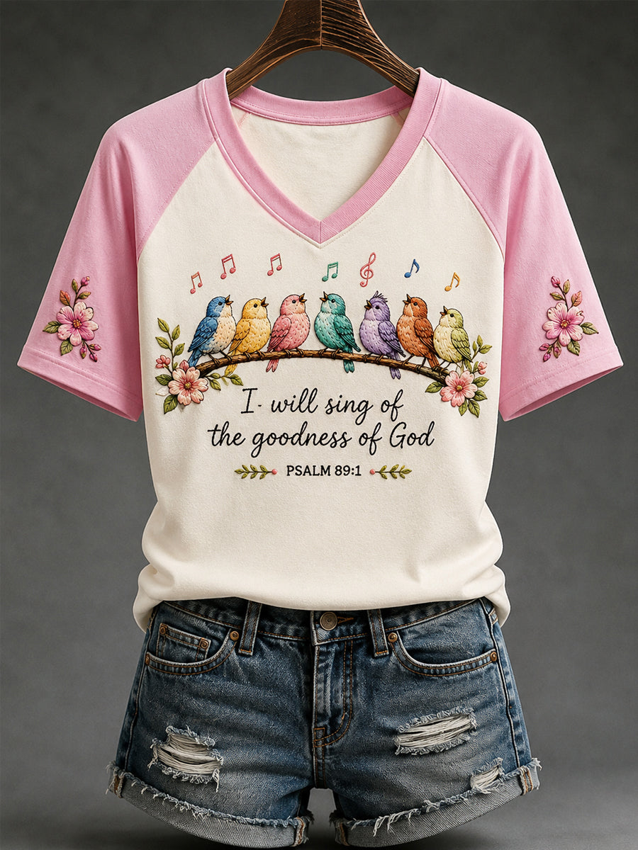 Women's I Will Sing Of The Goodness Of God Birds Print Casual V-Neck Tee