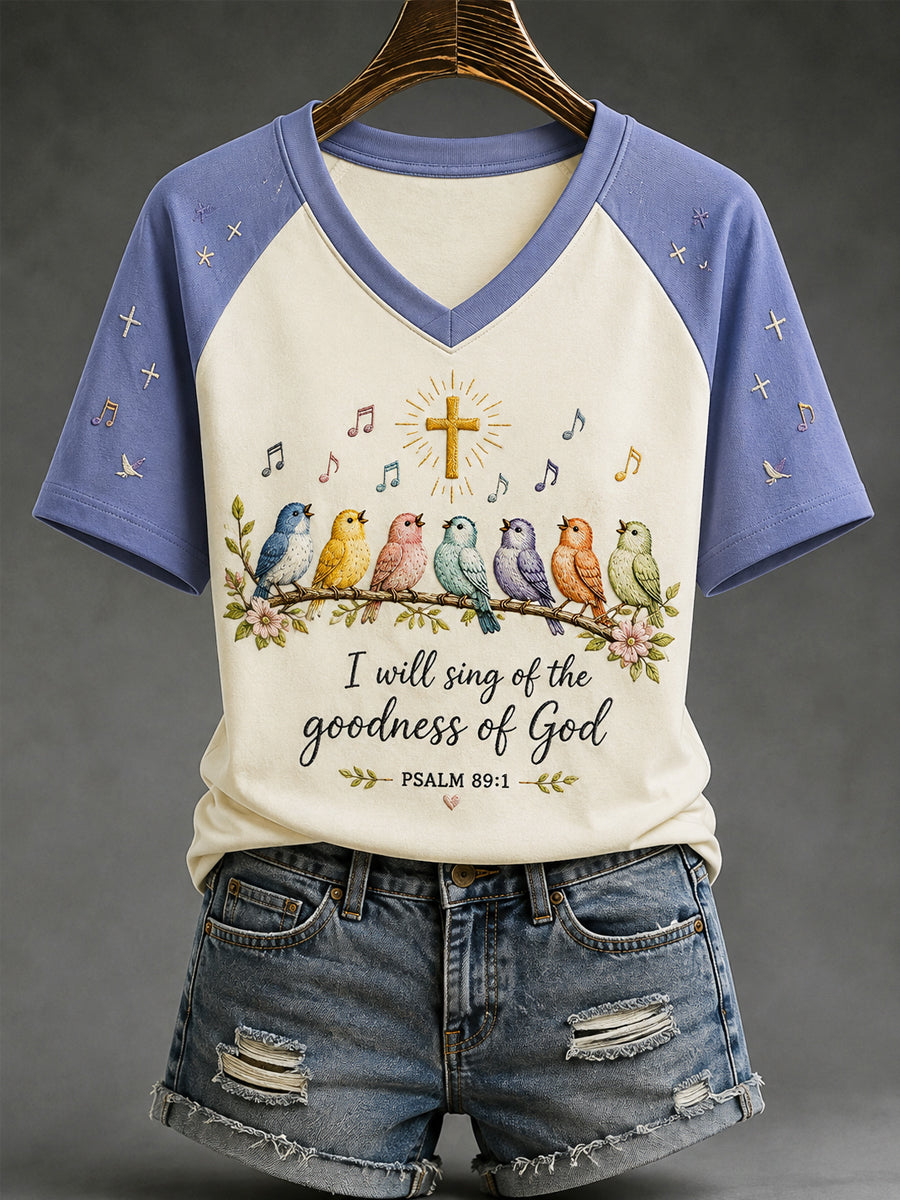 Women's I Will Sing Of The Goodness Of God Birds Print Casual V-Neck Tee