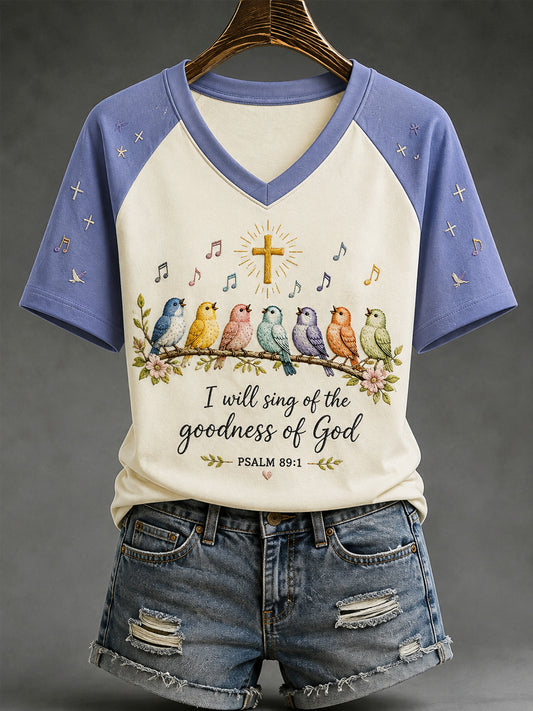 Women's I Will Sing Of The Goodness Of God Birds Print Casual V-Neck Tee