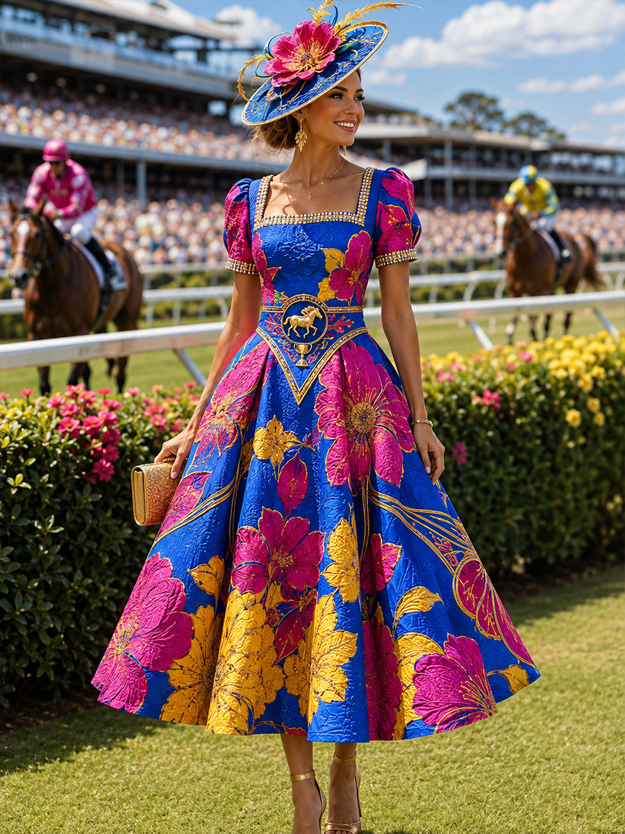 Women's Australian Horse Racing  Print V Neck Elegant Midi Dress
