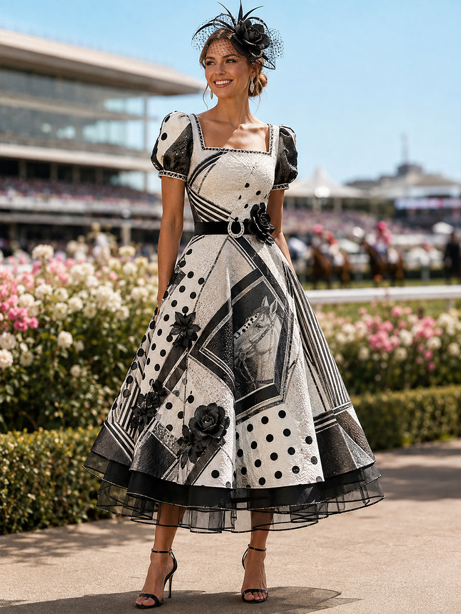 Women's Australian Horse Racing  Art Print V Neck Elegant Midi Dress