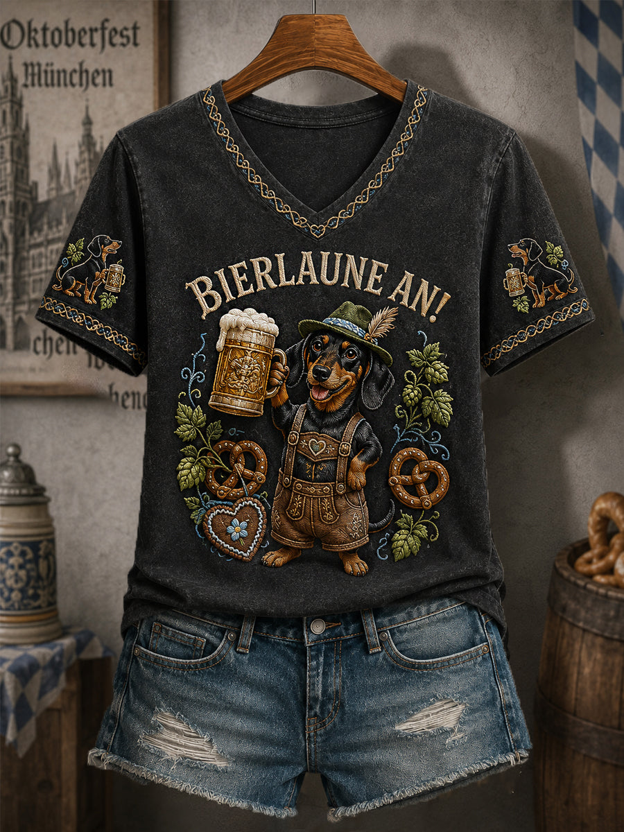 Women's Funny Dachshund Oktoberfest Prost! Print Casual V-Neck Tee