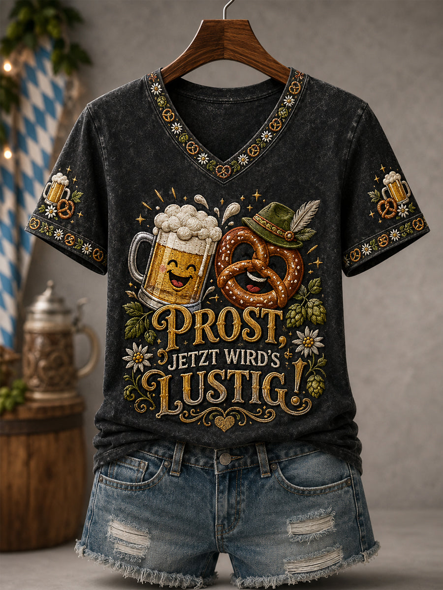 Women's Funny Oktoberfest Prost! Print Casual V-Neck Tee