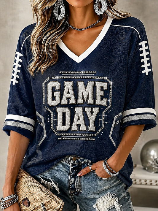 Women's GAME DAY Printed Mid-length Sleeves V-Neck T-Shirt