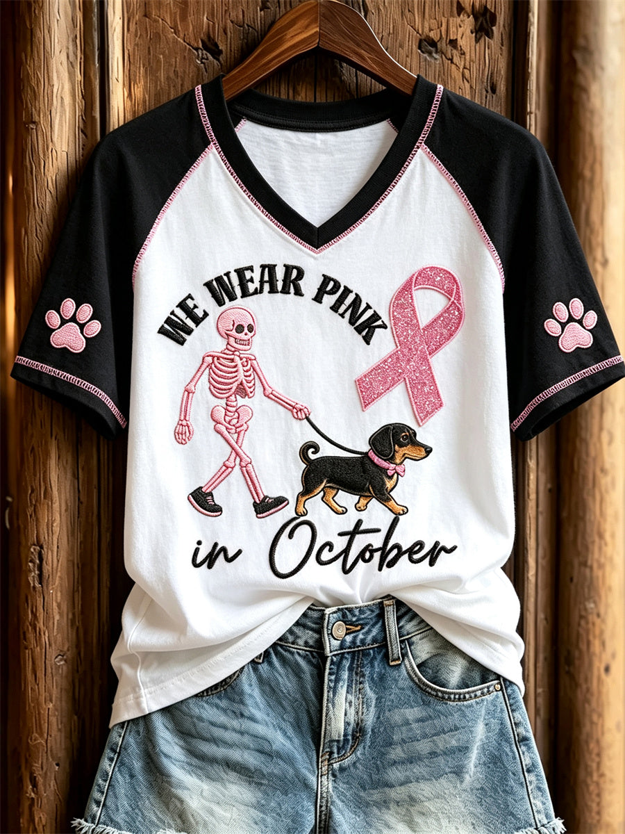 Women's We Wear Pink in October Dachshund Dog Walk Breast Cancer Ribbon Print short-sleeved T-shirt