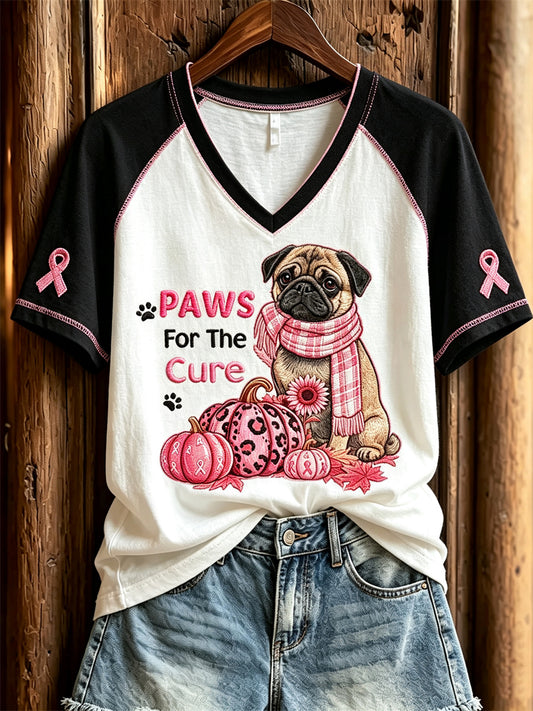 Women's Paws For the Cure Pug Dog Breast Cancer Pink Pumpkins Print short-sleeved T-shirt
