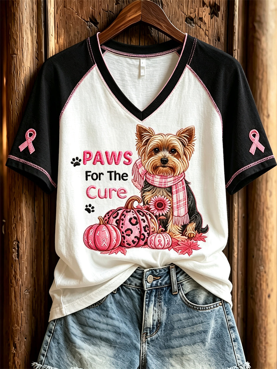 Women's Paws For the Cure Yorkshire Dog Breast Cancer Pink Pumpkins Print short-sleeved T-shirt