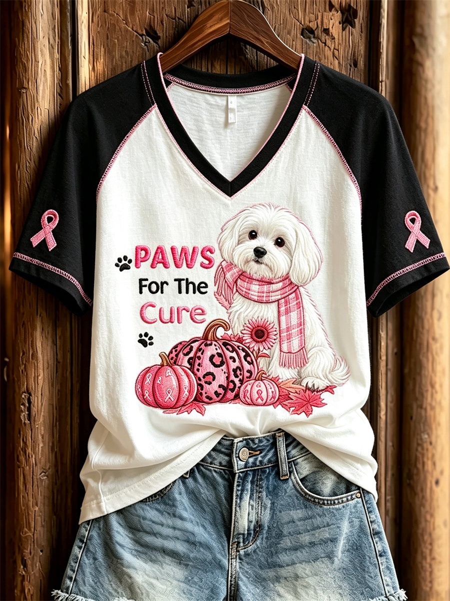Women's Paws For the Cure Maltese Dog Breast Cancer Pink Pumpkins Print short-sleeved T-shirt