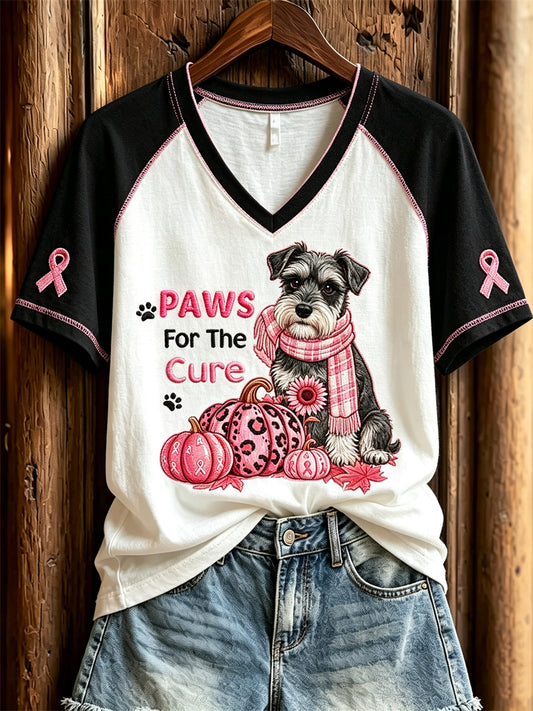 Women's Paws For the Cure Schnauzer Dog Breast Cancer Pink Pumpkins Print short-sleeved T-shirt
