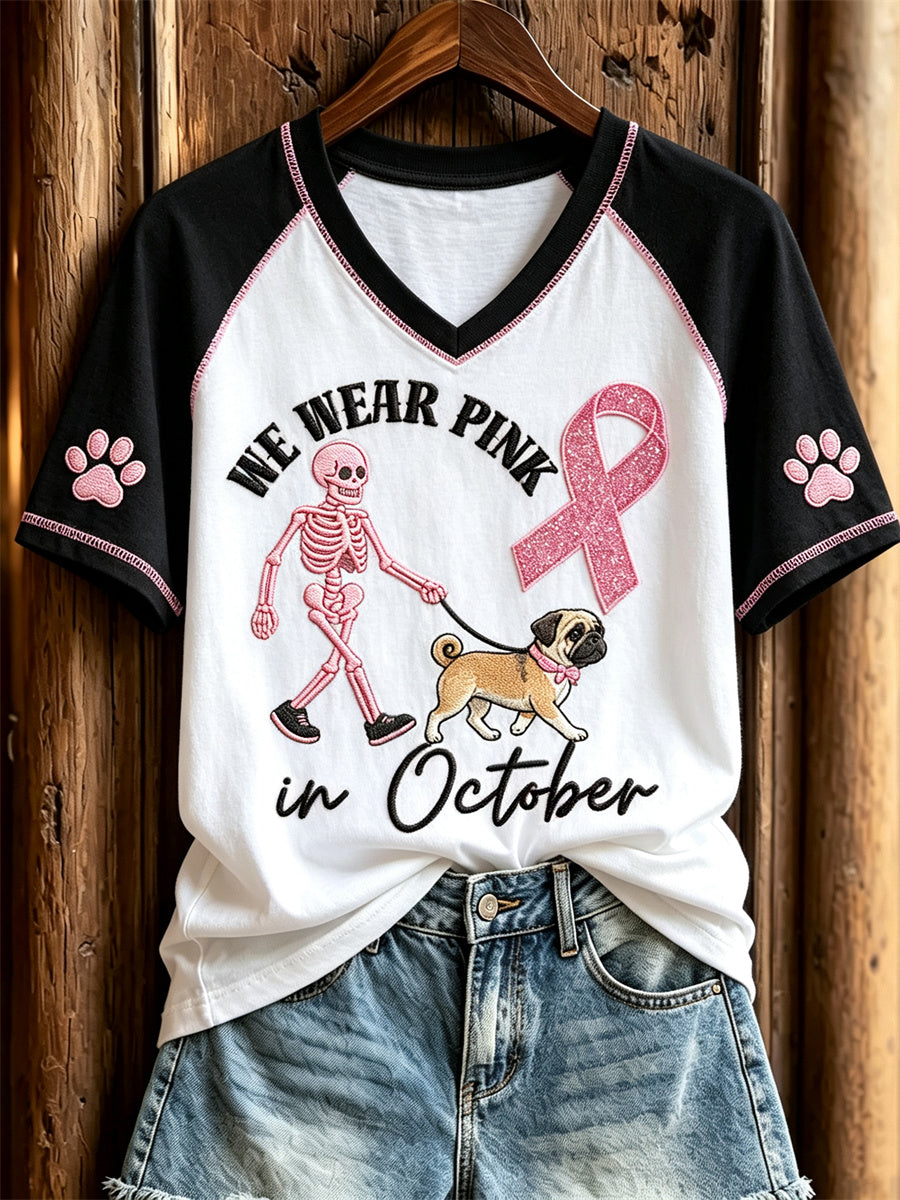 Women's We Wear Pink in October Pug Dog Walk Breast Cancer Ribbon Print short-sleeved T-shirt