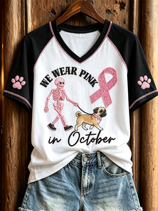 Women's We Wear Pink in October Pug Dog Walk Breast Cancer Ribbon Print short-sleeved T-shirt