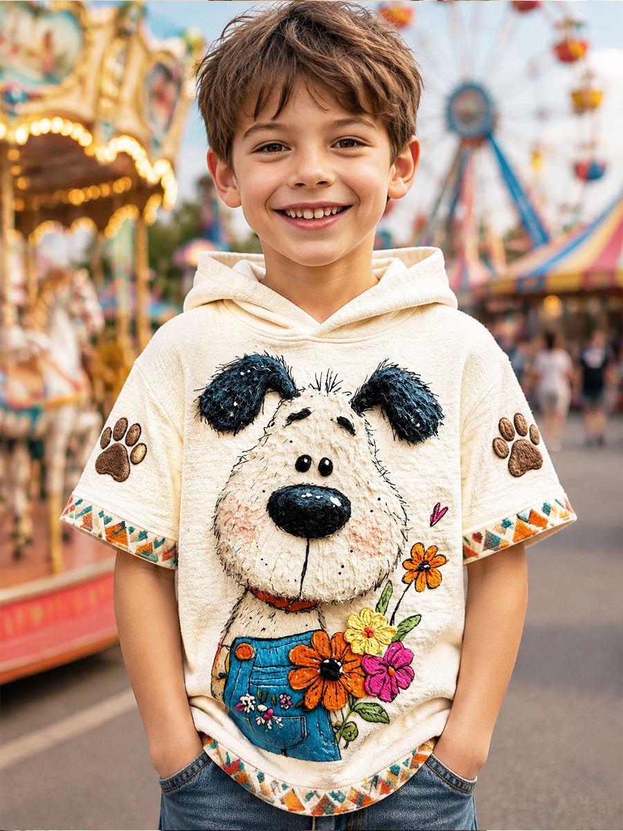 Boys' Off-White Cute Puppy 3D-Printed Casual Short-Sleeve Hoodie