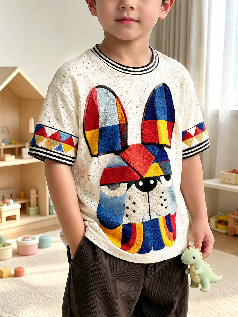 Boys’ Cute Dog Patchwork Print Casual T-shirt