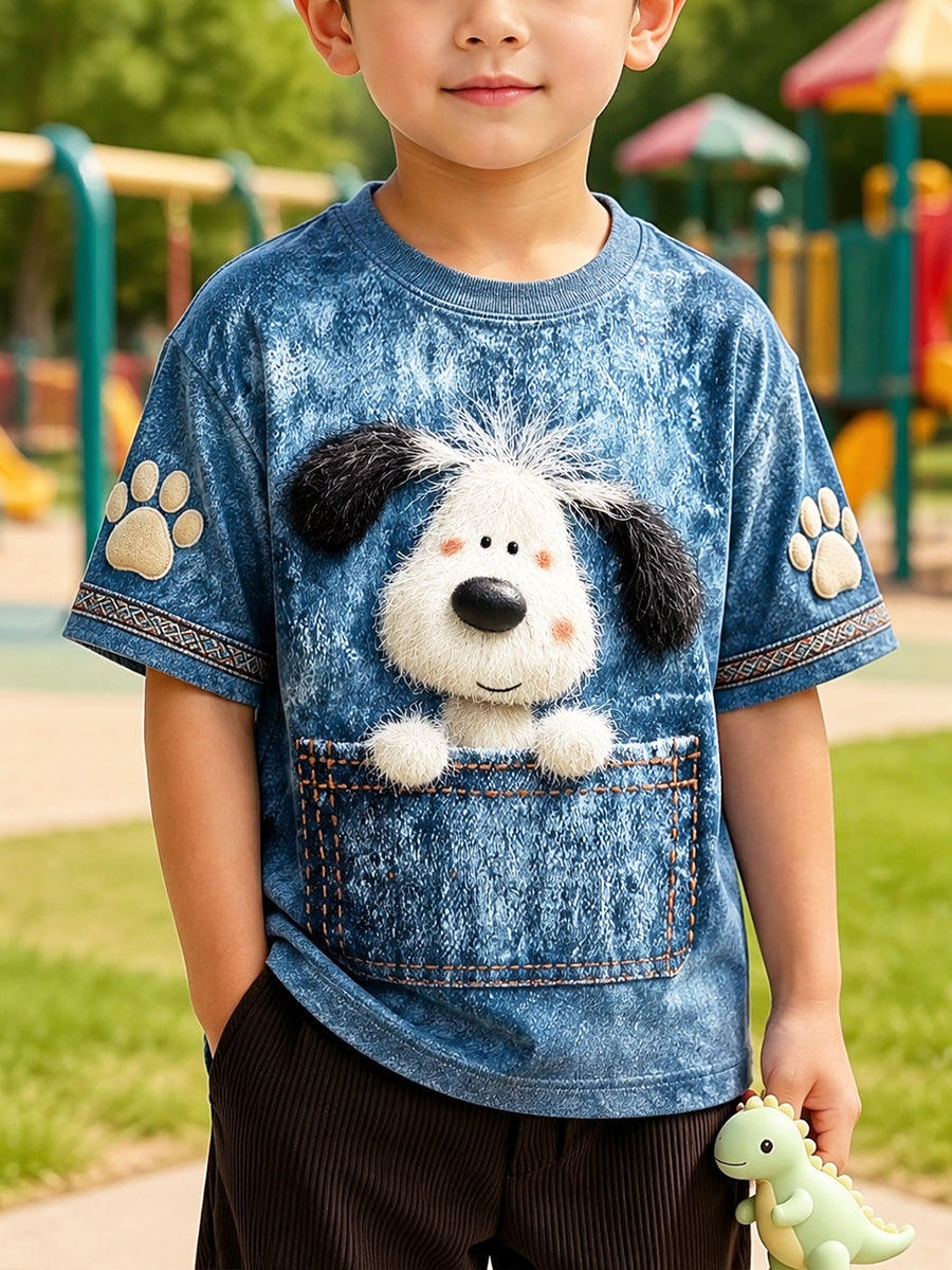 Boys' Blue Cute Puppy 3D-Printed Casual Short-Sleeve T-Shirt