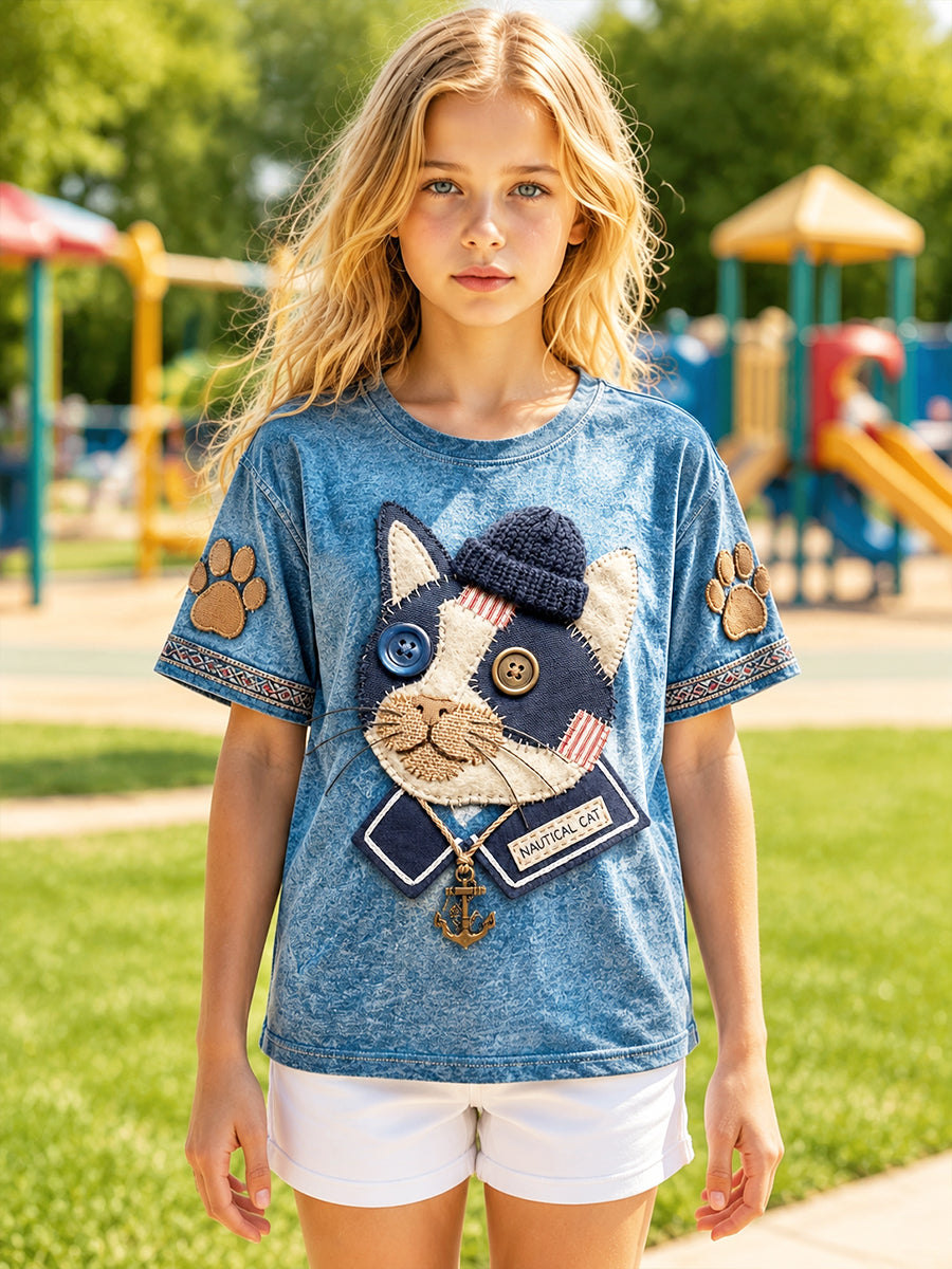 Girls’ Cute Cat Patchwork Print Casual T-shirt