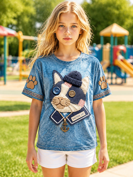 Girls’ Cute Cat Patchwork Print Casual T-shirt