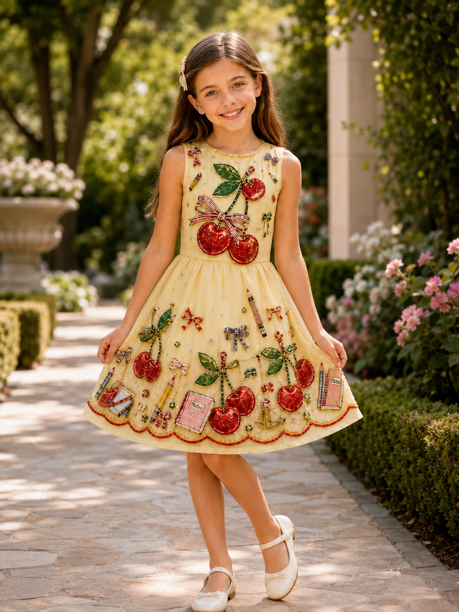 Cute Cherry-Print Back-to-School Dress for Girls