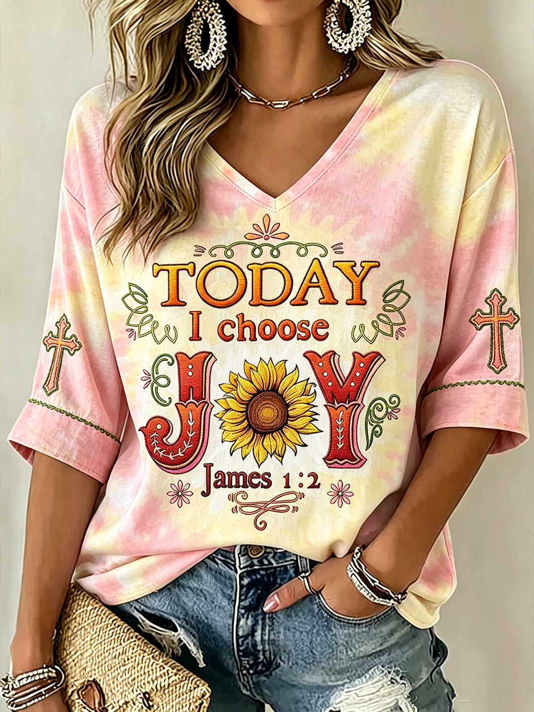 Women's Faith-Themed Pattern Printed Casual Mid-length Sleeves V-Neck T-Shirt