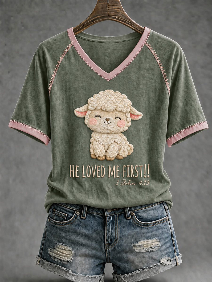 Women's Funny Christian He Loved Me First V-neck Short Sleeve T-shirt