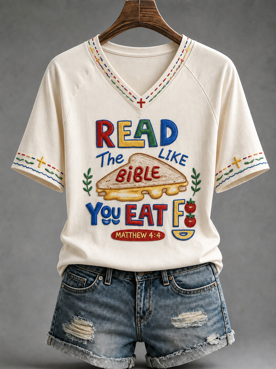 Women's Funny Christian Read The Bible Like You Eat Food V-neck Short Sleeve T-shirt