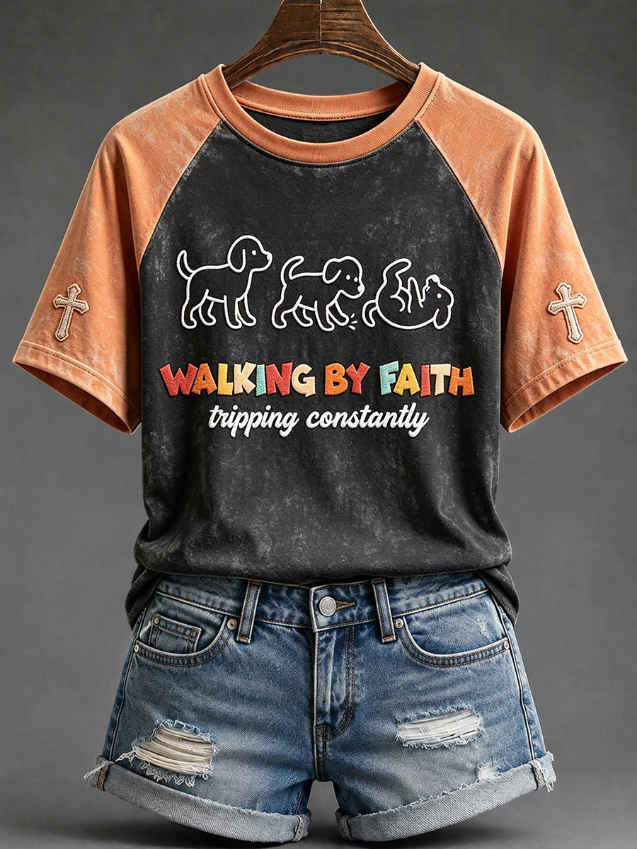Women's Walking By Faith Tripping Constantly Funny Christian Dog Print Round Neck Short Sleeve T-shirt